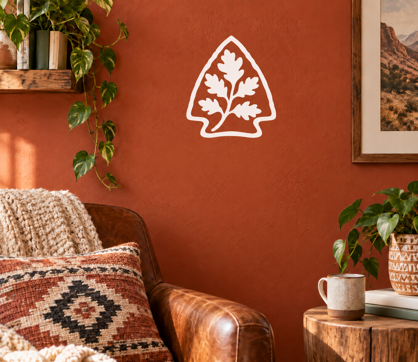 Oak branch vinyl decal with white tree-in-triangle outline for wall decoration