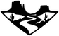Arrowhead-shaped vinyl decal silhouette with desert canyon trail, cacti, and mountain shapes