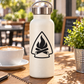 White camp water bottle with black campfire triangle flame vinyl decal