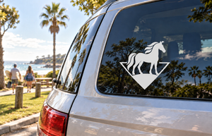 Horse horizon vinyl decal on car rear window: white horse inside black arrowhead