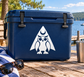 Blue rectangular cooler with white owl and moon vinyl decal