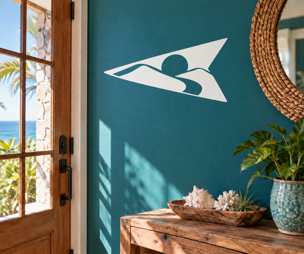 Stylized arrowhead vinyl decal with white dune sweep and teal graphic on black outline