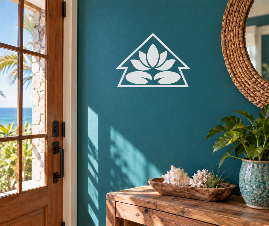 Lotus water vinyl wall decal with white lotus inside triangle, ArrowheadCX026