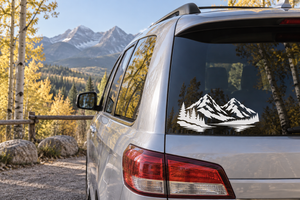 Car window vinyl decal of Twin Peaks alpine mountain and pine forest silhouette