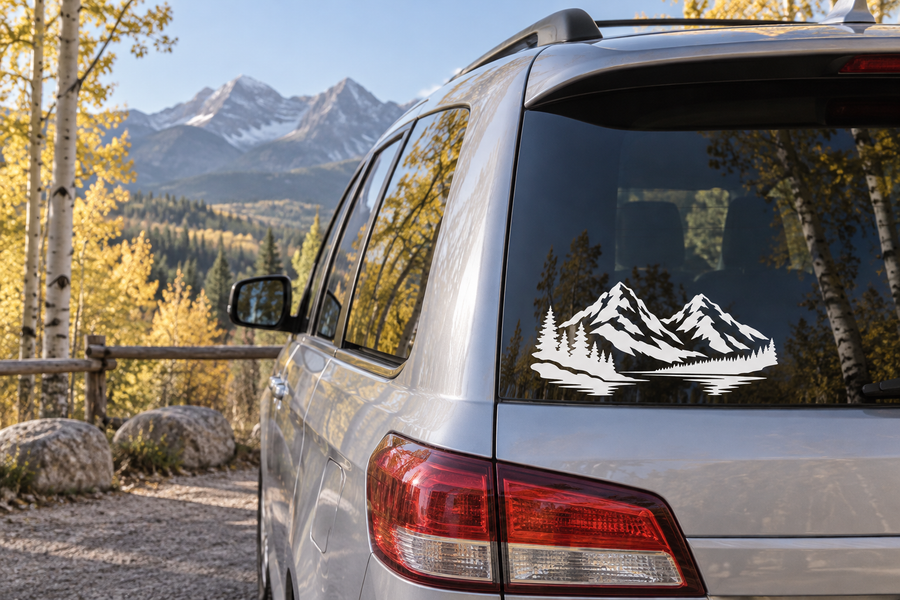 Car window vinyl decal of Twin Peaks alpine mountain and pine forest silhouette