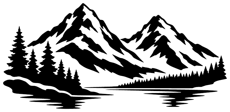 Twin Peaks alpine mountain vinyl decal silhouette with pines and valley on white