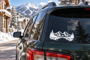 Alpine twin peaks horizon vinyl decal with pine trees and mountain reflection on car window