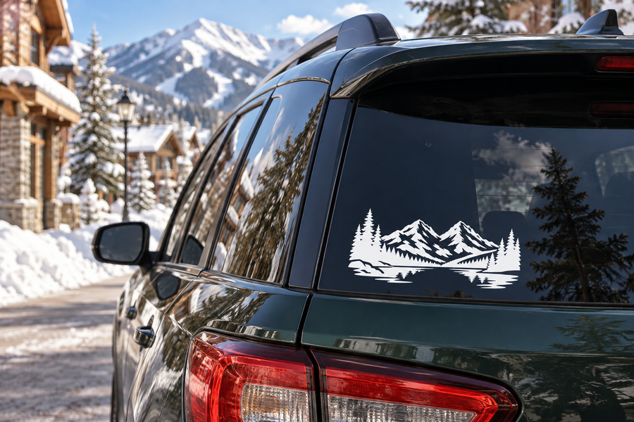Alpine twin peaks horizon vinyl decal with pine trees and mountain reflection on car window