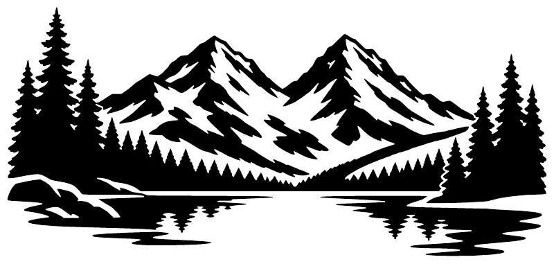 Black and white alpine twin peaks horizon vinyl decal with pine forest and mirrored lake
