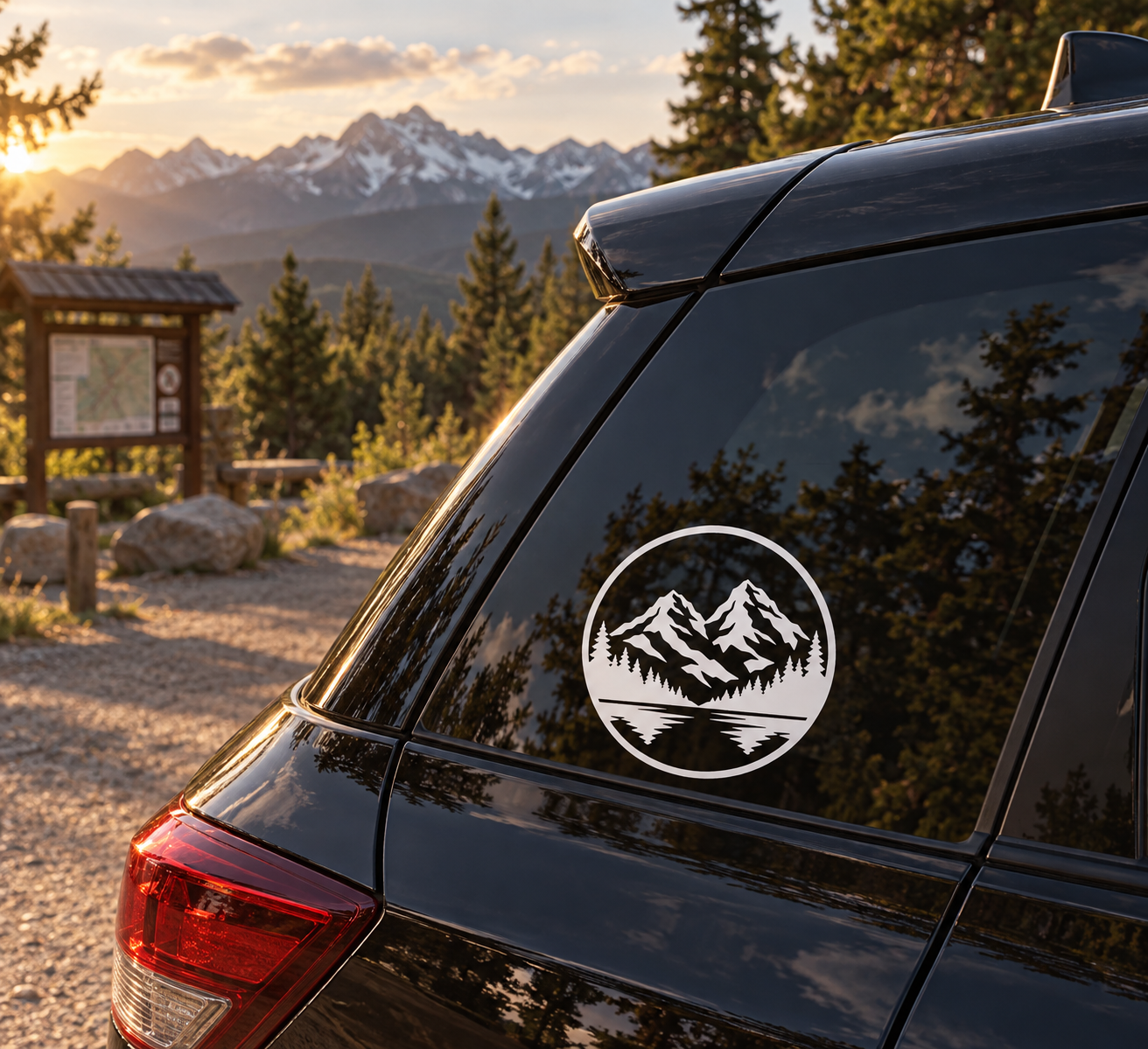 Circular alpine mountain vinyl decal on car rear window
