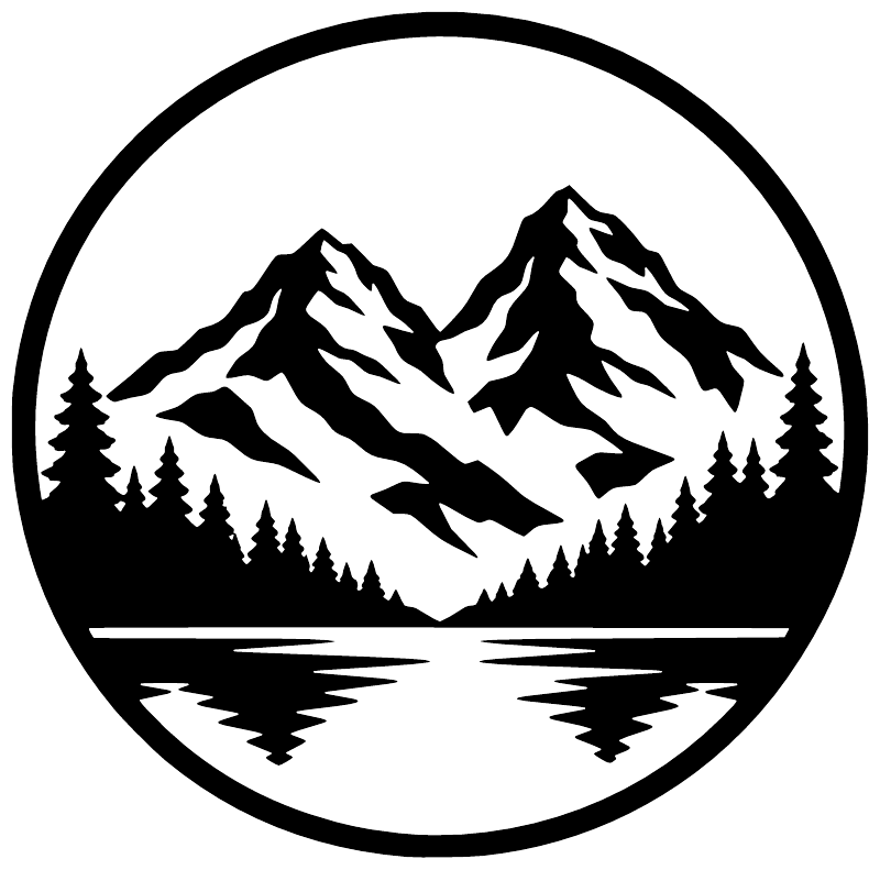 Circular vinyl decal with twin mountain peaks and forest silhouettes