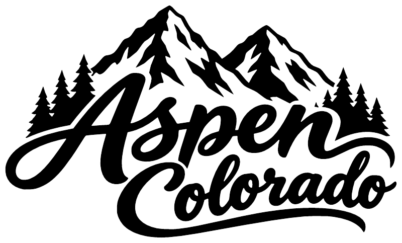 Black and white Aspen Colorado script wordmark with mountain peaks
