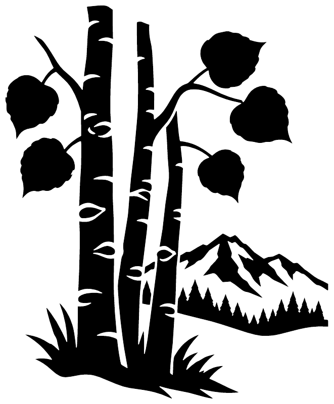Black and white aspen grove vinyl decal silhouette with mountain and trees