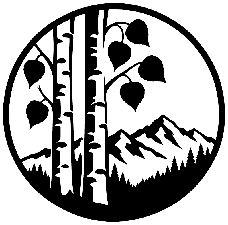 Circular vinyl decal showing bears, pine trees, and mountain landscape in black and white.
