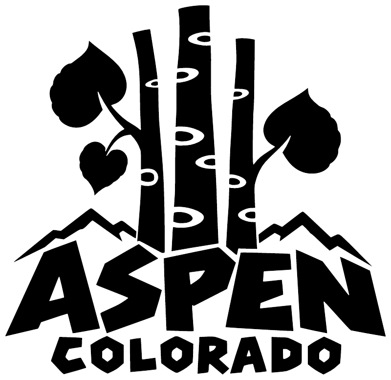 Aspen Colorado wordmark vinyl decal, black tree icons and bold 'ASPEN COLORADO'
