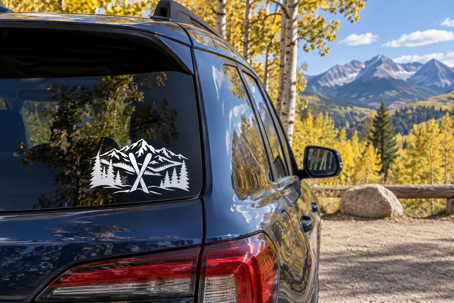 Aspen Horizon crossed skis vinyl decal with mountain and pine trees, white