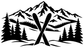 White crossed skis vinyl decal over mountain range and pine forest graphic
