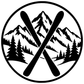 Black-and-white circular crest vinyl decal with crossed skis over pine and mountain peaks