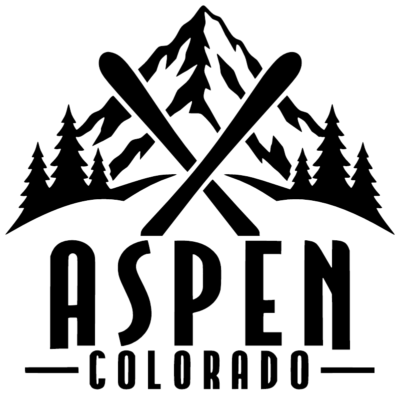 Aspen Colorado crossed skis wordmark vinyl decal with white mountains, black text