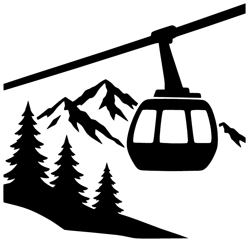 Black gondola icon vinyl decal with mountains, pines, and a cable support line