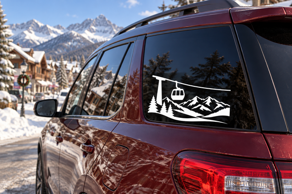 Black mountain and gondola skyline vinyl decal on car rear window