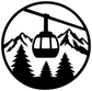 Black and white circular gondola crest vinyl decal with mountains and pine trees