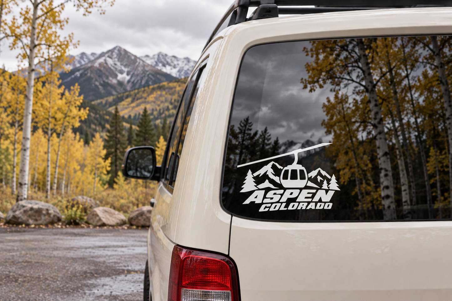 Black and white Aspen Colorado gondola wordmark vinyl decal on window glass