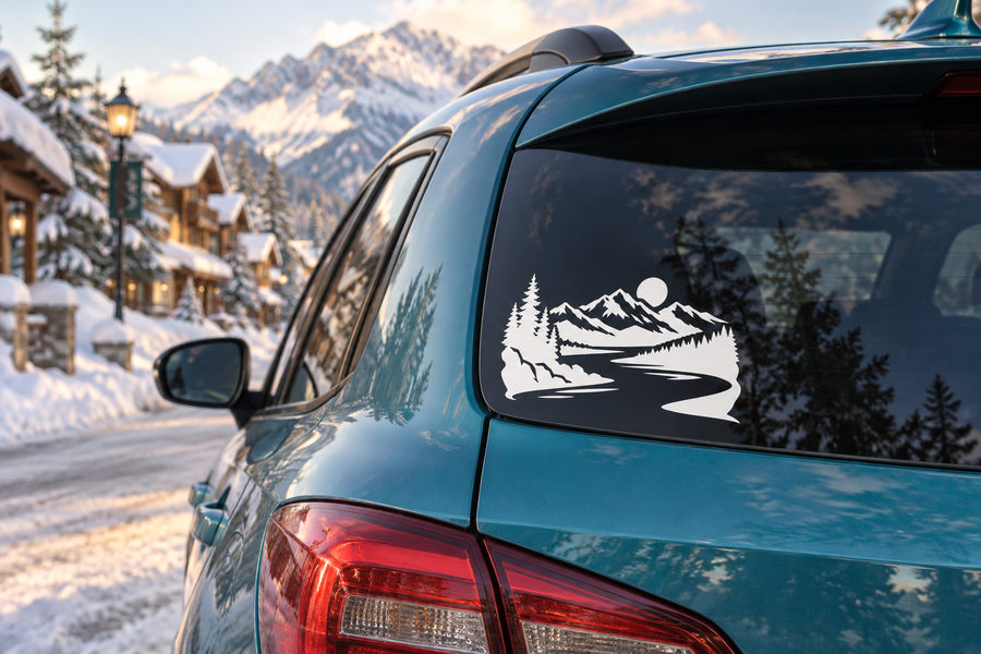 White mountain-and-river vinyl decal on teal car rear window, with pines and sun