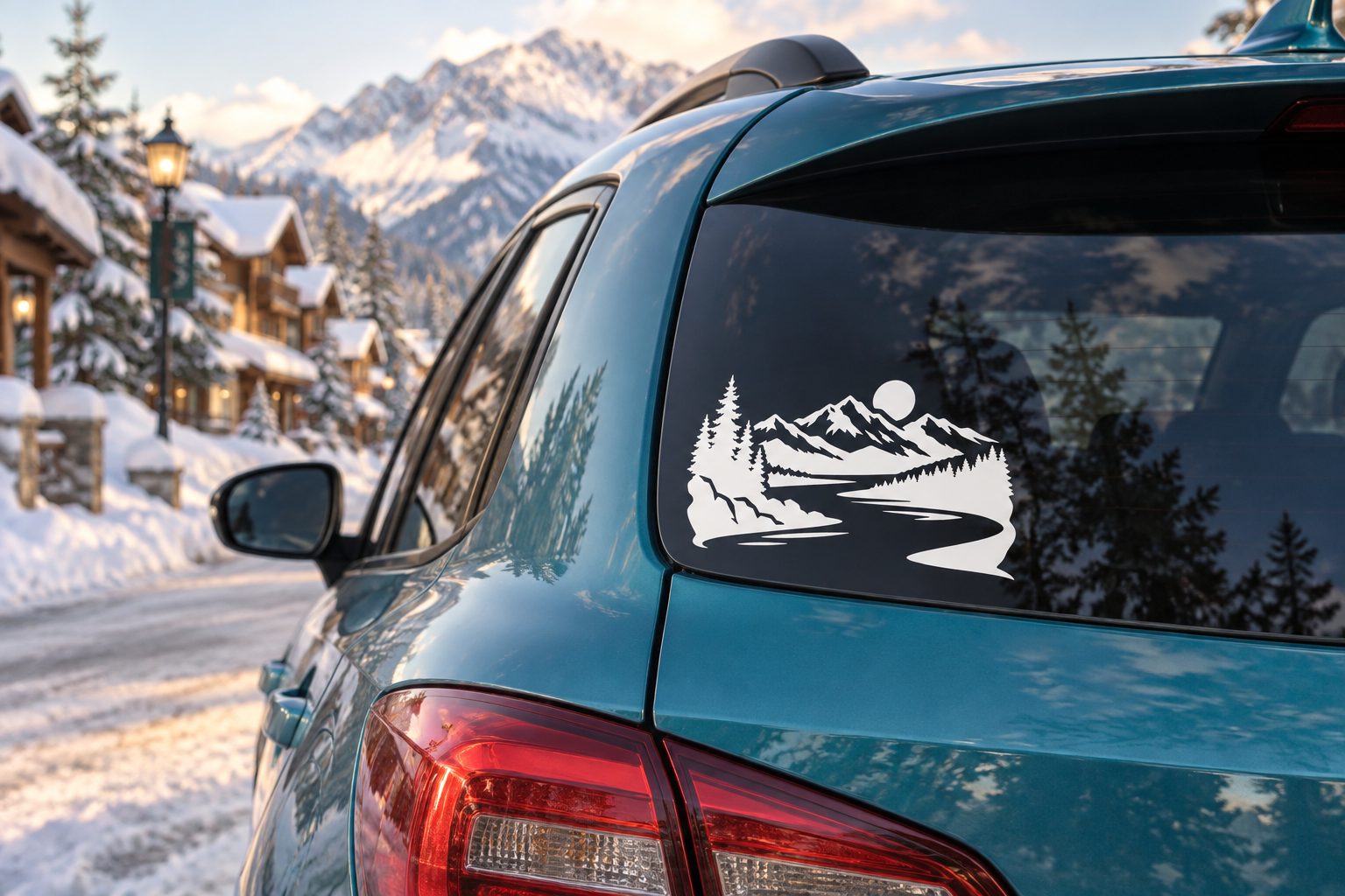 White mountain-and-river vinyl decal on teal car rear window, with pines and sun