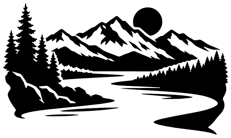 Alpine mountain, pine tree, and river vinyl decal silhouette with dark sun circle