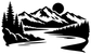 Alpine mountain, pine tree, and river vinyl decal silhouette with dark sun circle