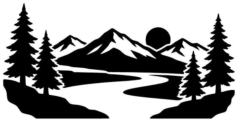 Alpine river horizon vinyl decal silhouette with pine trees, mountains, and winding river