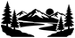 Alpine river horizon vinyl decal silhouette with pine trees, mountains, and winding river