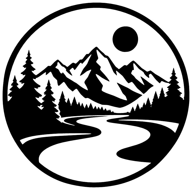 Circular vinyl decal featuring mountain range, pine forest, winding river, and sun