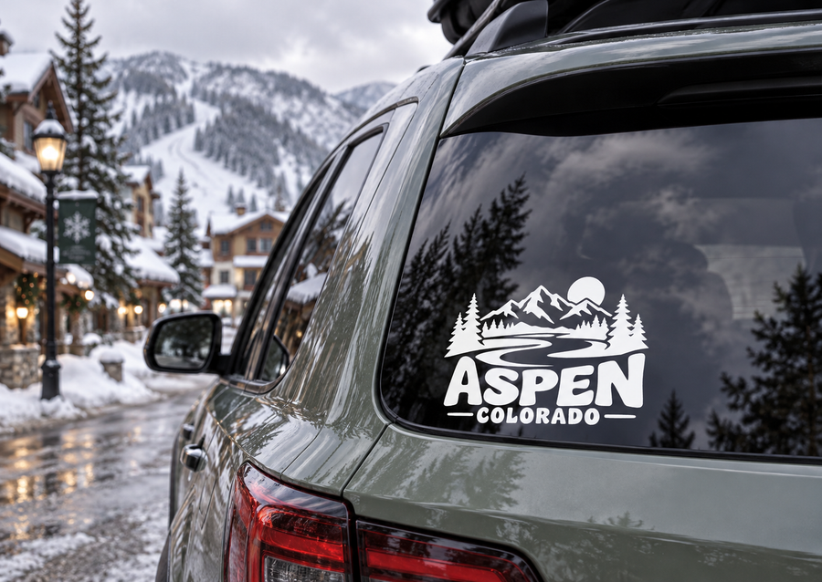 White Aspen Colorado wordmark vinyl decal with mountains and pine trees on car rear glass