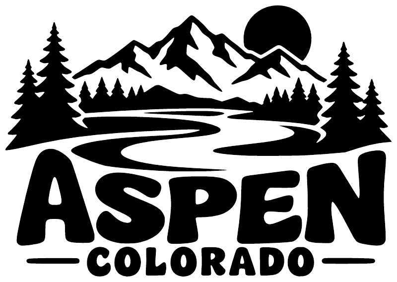 Black and white Aspen Colorado wordmark vinyl decal with snowy mountains, forest, and road