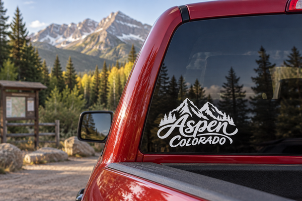 Aspen Colorado vinyl decal with mountain outline and script lettering on a car hood