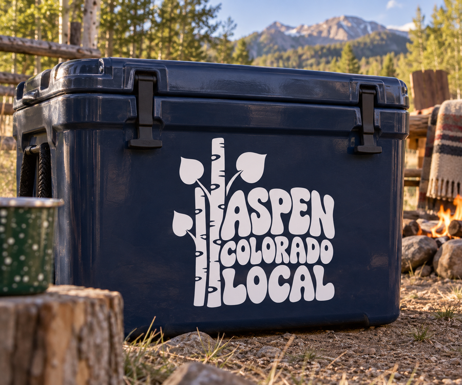 White vinyl decal with trees, birch stripe, and text 'ASPEN COLORADO LOCAL'.