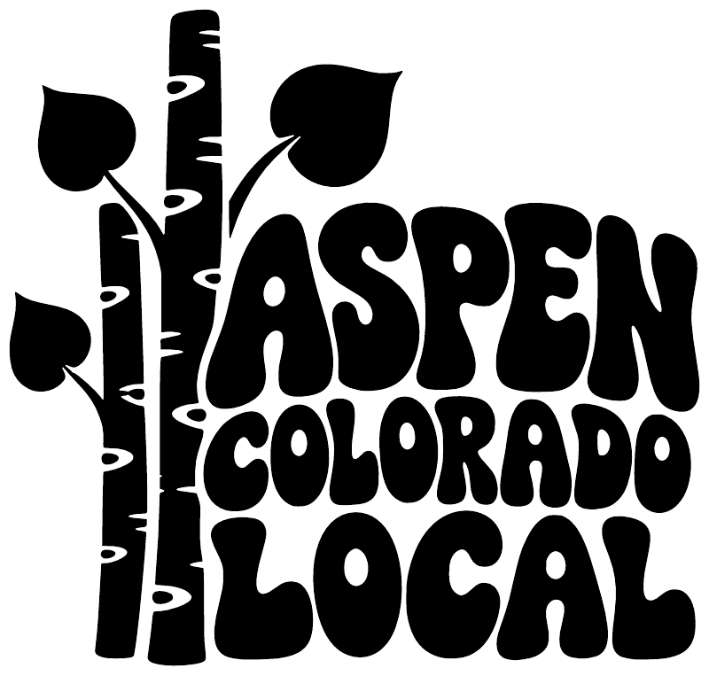 Black vinyl decal text 'ASPEN COLORADO LOCAL' with tree and stripe icons.