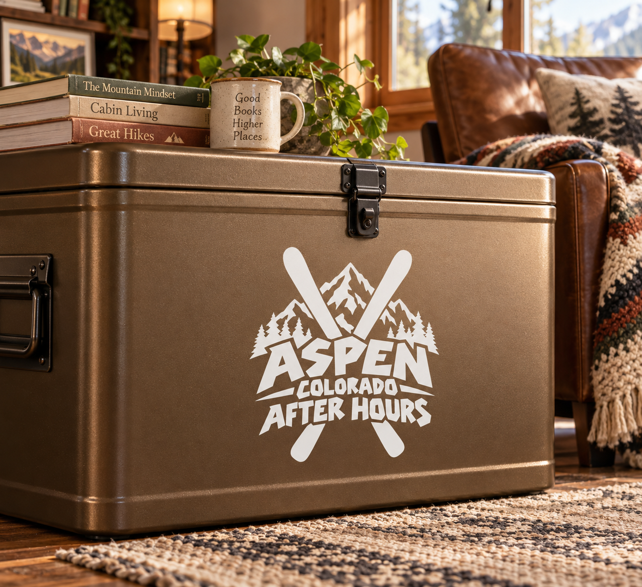 White vinyl decal on a metal suitcase front with Aspen Colorado After Hours logo