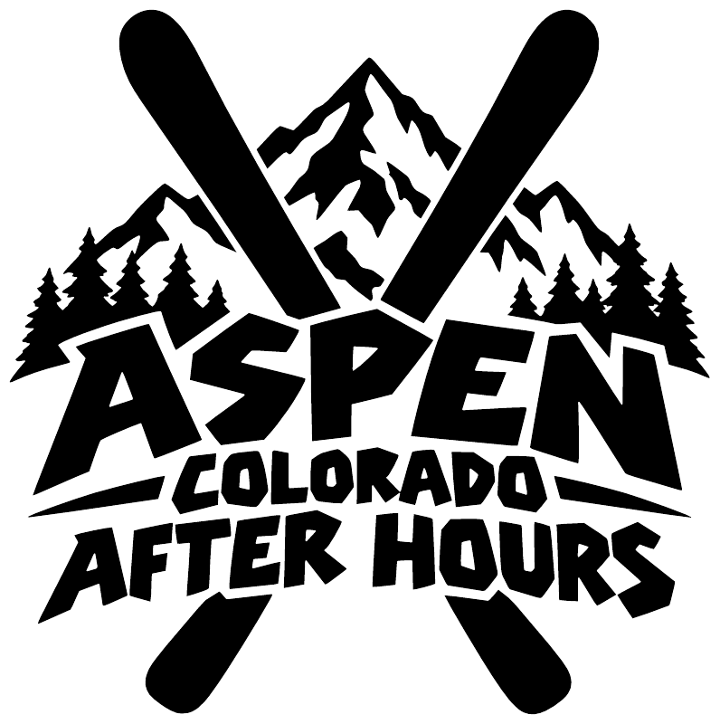 White vinyl decal graphic with crossed skis, mountain silhouettes, and Aspen After Hours text