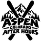 White vinyl decal graphic with crossed skis, mountain silhouettes, and Aspen After Hours text