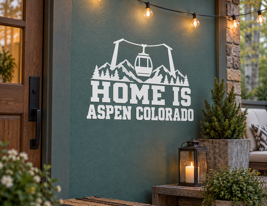 Vinyl wall decal: Home Is Aspen Colorado with mountains, trees, and cable car icon.