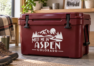 Vinyl decal with mountains, pine trees, and 'MEET ME IN ASPEN COLORADO'.