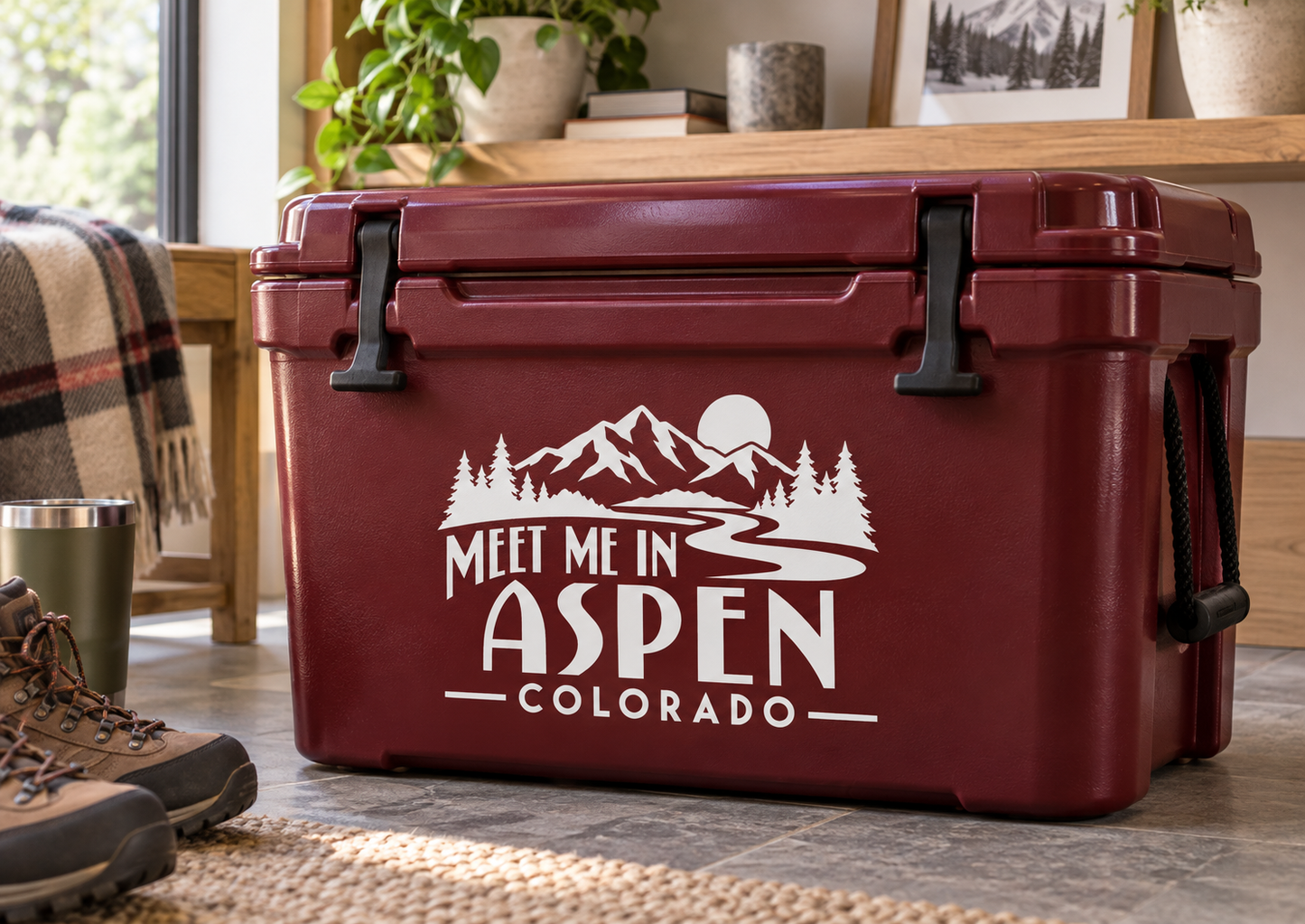 Vinyl decal with mountains, pine trees, and 'MEET ME IN ASPEN COLORADO'.