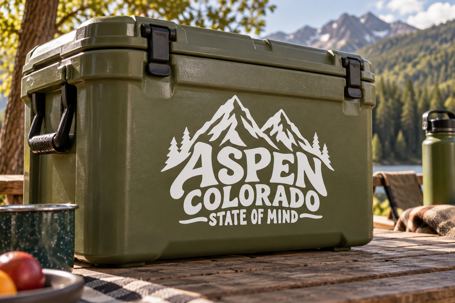 White Aspen Colorado State of Mind vinyl decal with mountain and pine graphic on cooler