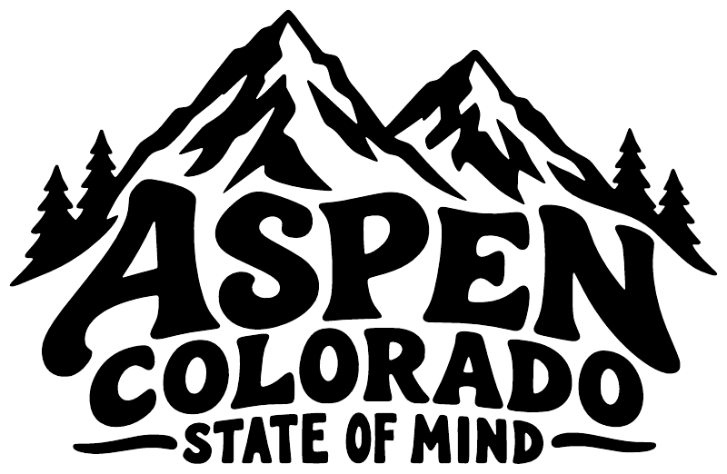 Black and white Aspen Colorado State of Mind vinyl decal with mountain and tree outlines