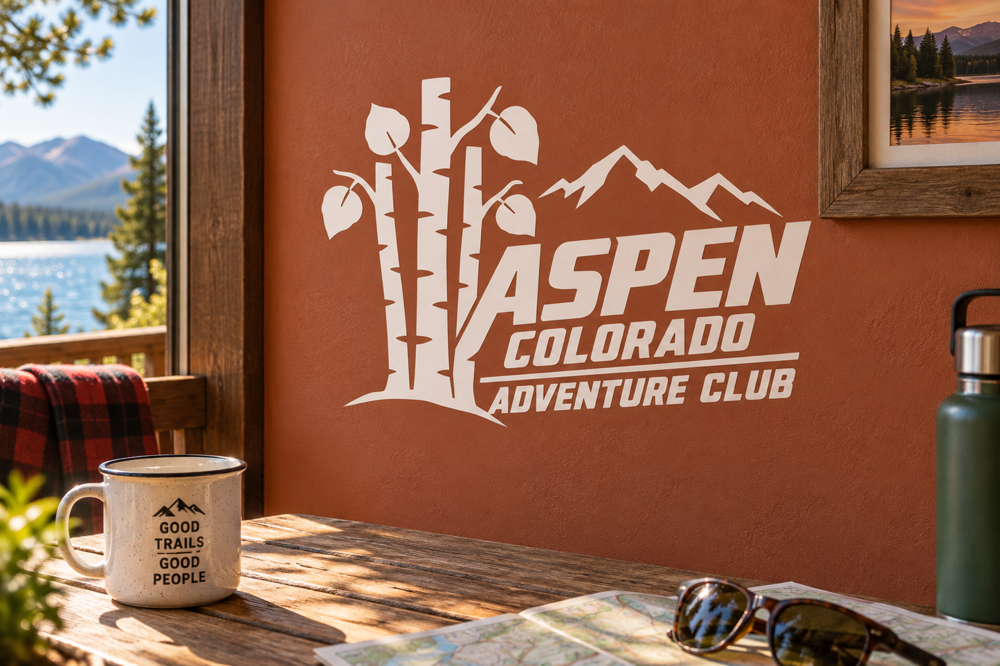 Aspen Colorado Adventure Club vinyl decal with Aspen text, mountains, and tree silhouettes