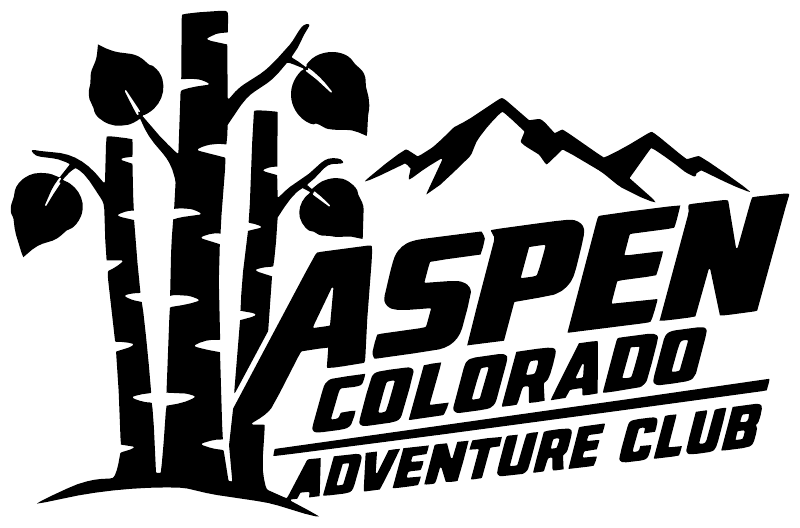 Aspen Colorado Adventure Club vinyl decal in black with bold ASPEN letters and blue COLORADO