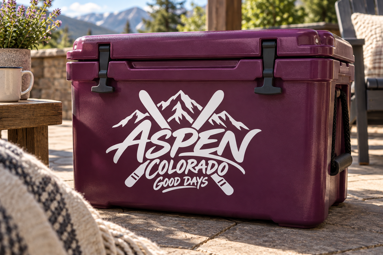 Aspen Colorado Good Days vinyl decal on purple cooler, Aspen logo with crossed axes